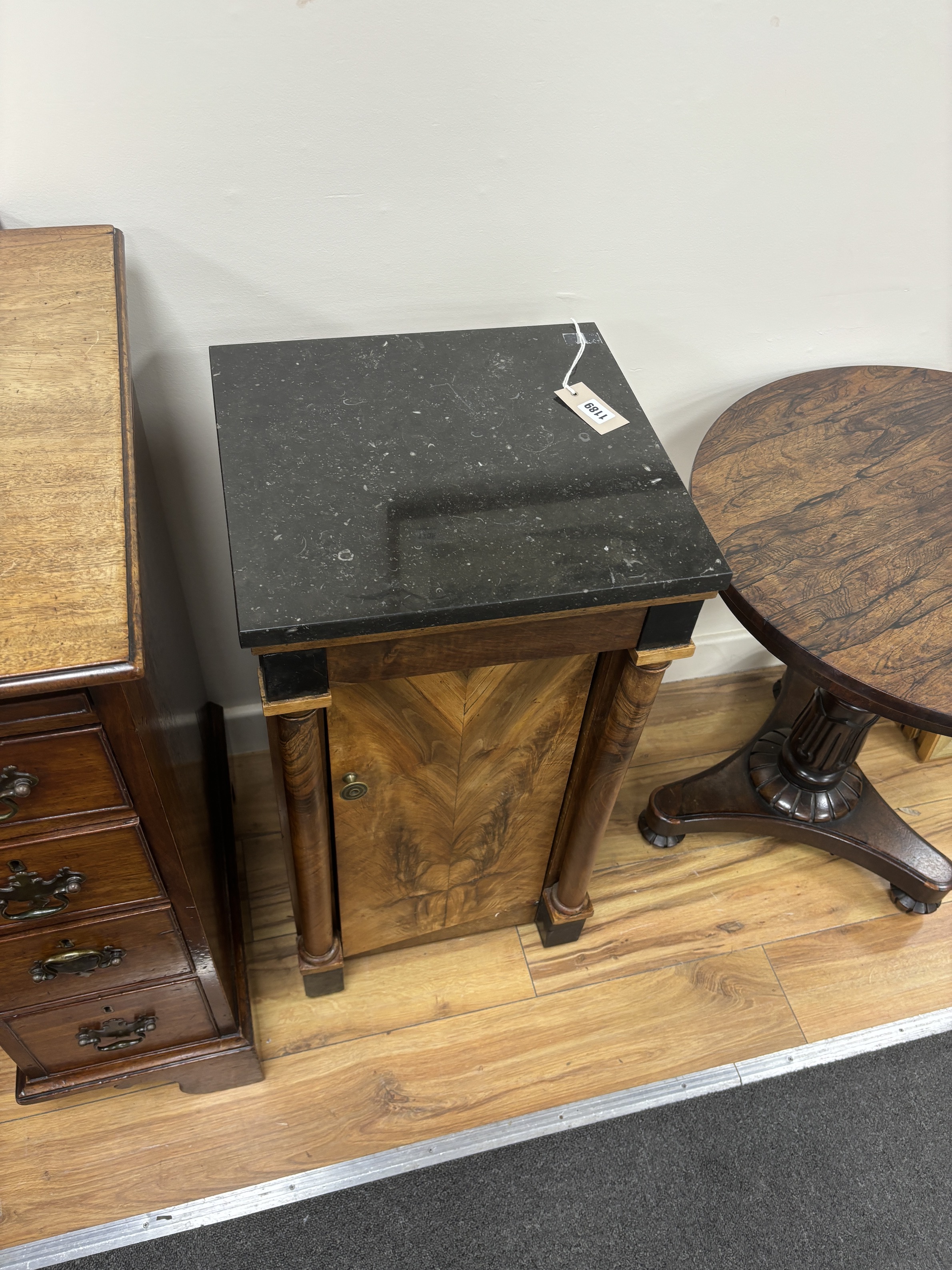 A Biedermeier style walnut marble top bedside cabinet, width 39cm, depth 37cm, height 75cm